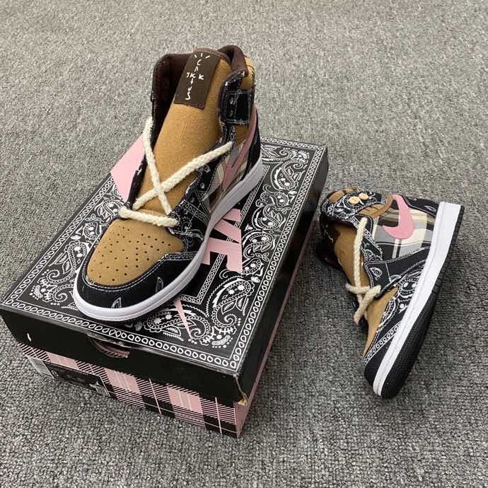 Jordan 1 Mid Paisley Sneakers in Black Tan Pink White - product image from the listing.