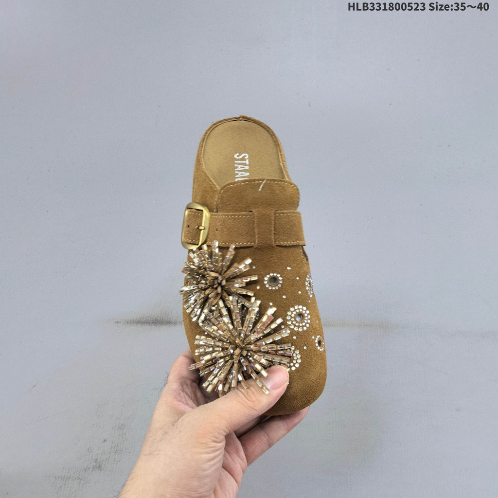 Brown Embellished Backless Slip-On Clogs with Buckle - product image from the listing.