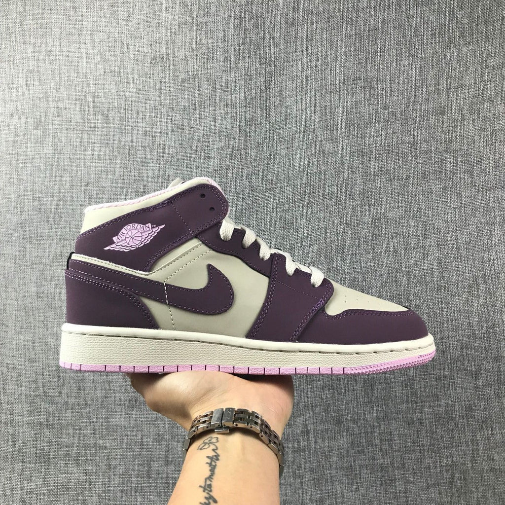 Air Jordan 1 Mid GS Sneakers in White Purple Pink - product image from the listing.