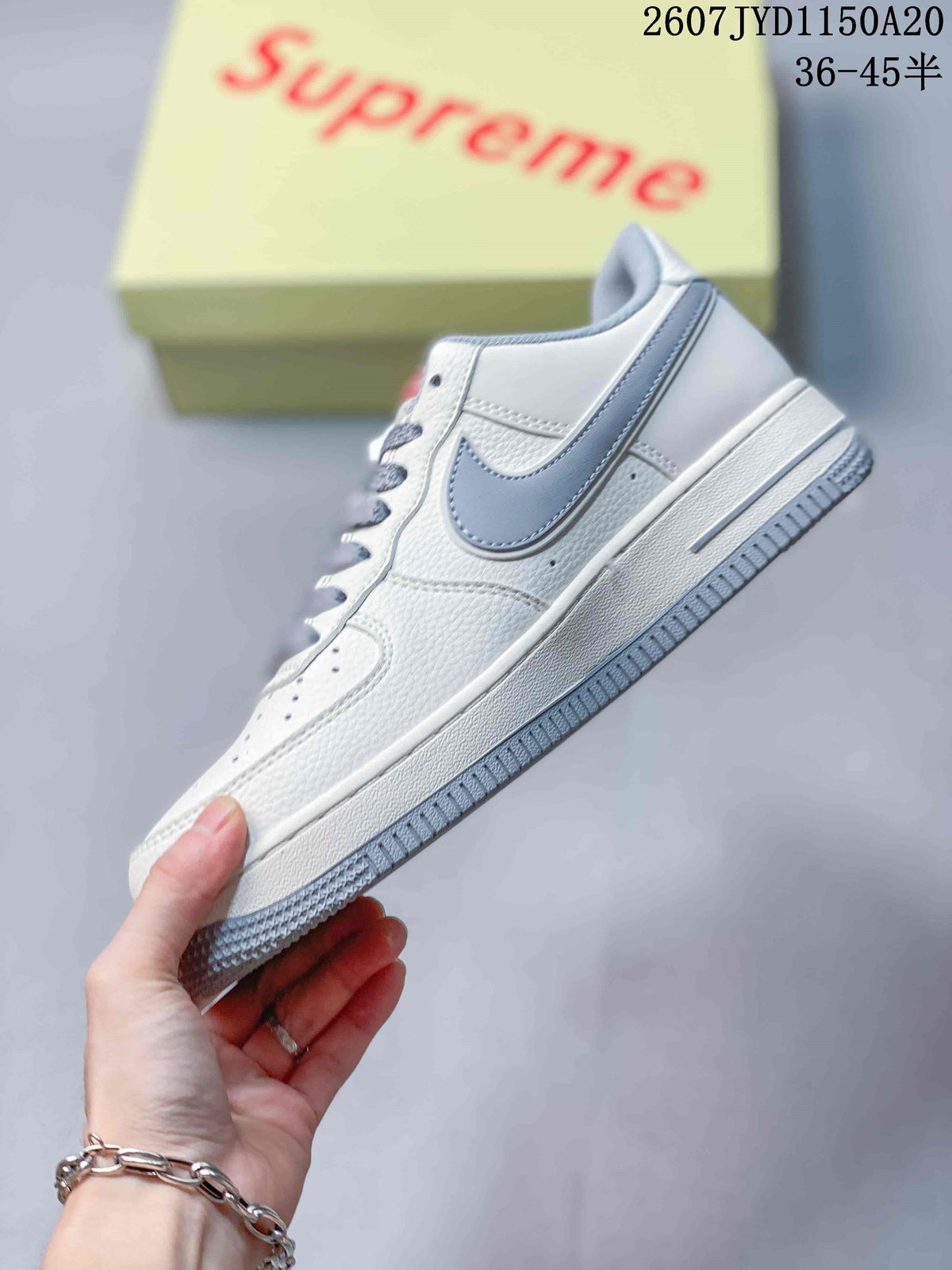 Nike Air Force 1 '07 Low White Grey Supreme Logo Trainers - product image from the listing.