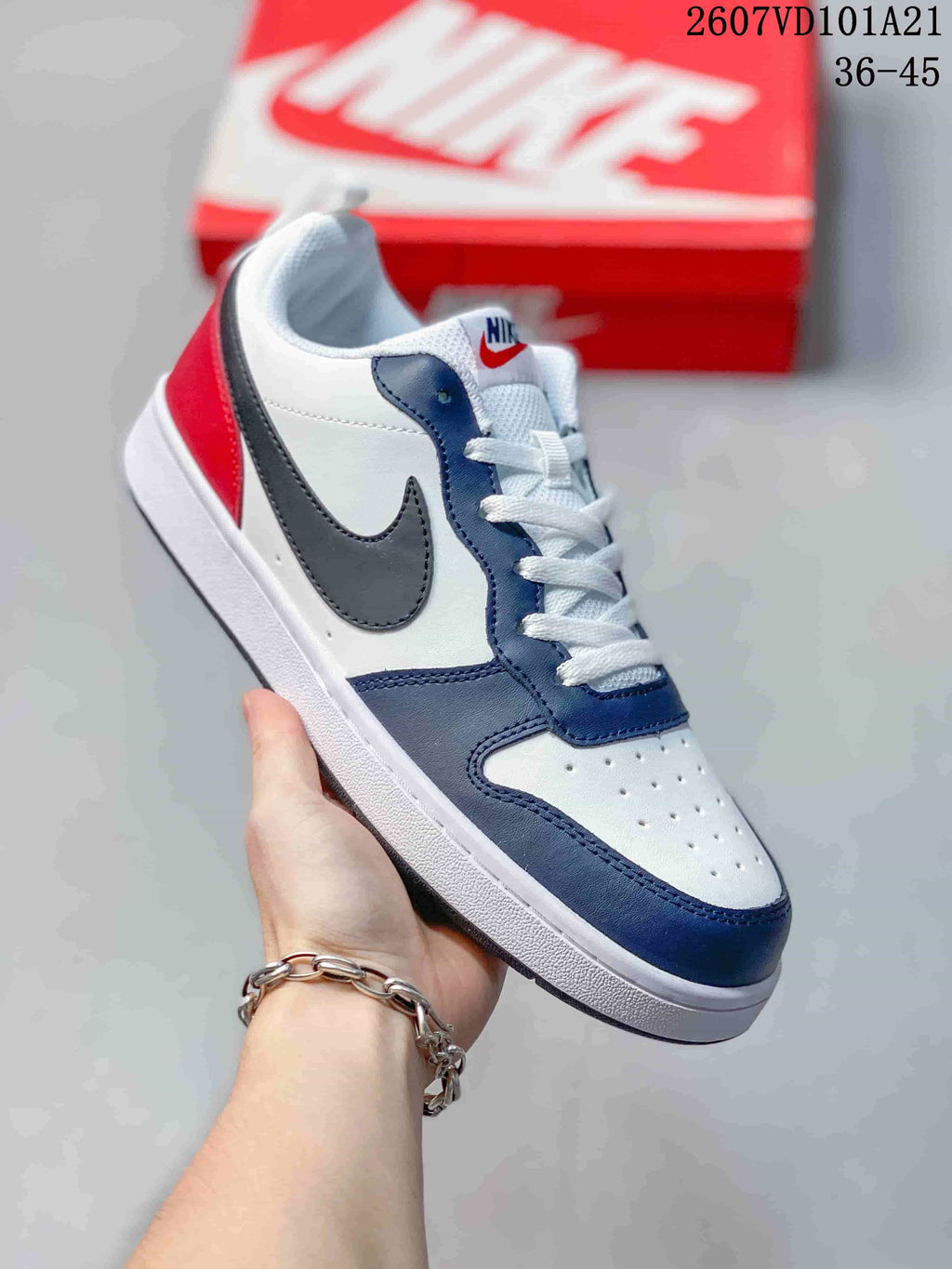 Nike Court Borough Mid BG Sneakers in White Navy Red - product image from the listing.