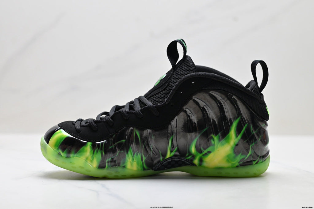 Nike Penny Hardaway Foamposite Sneakers, in Black and Volt Green - product image from the listing.