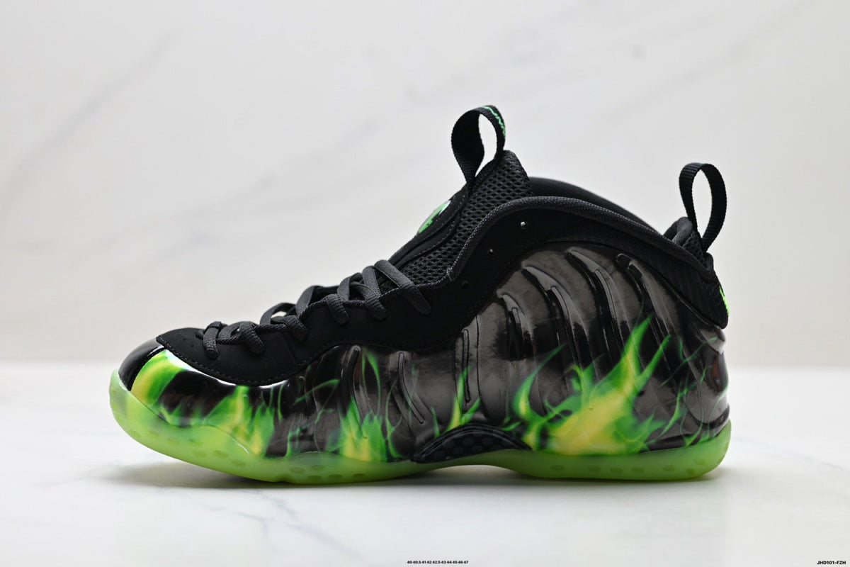 Nike Penny Hardaway Foamposite Sneakers, in Black and Volt Green - product image from the listing.