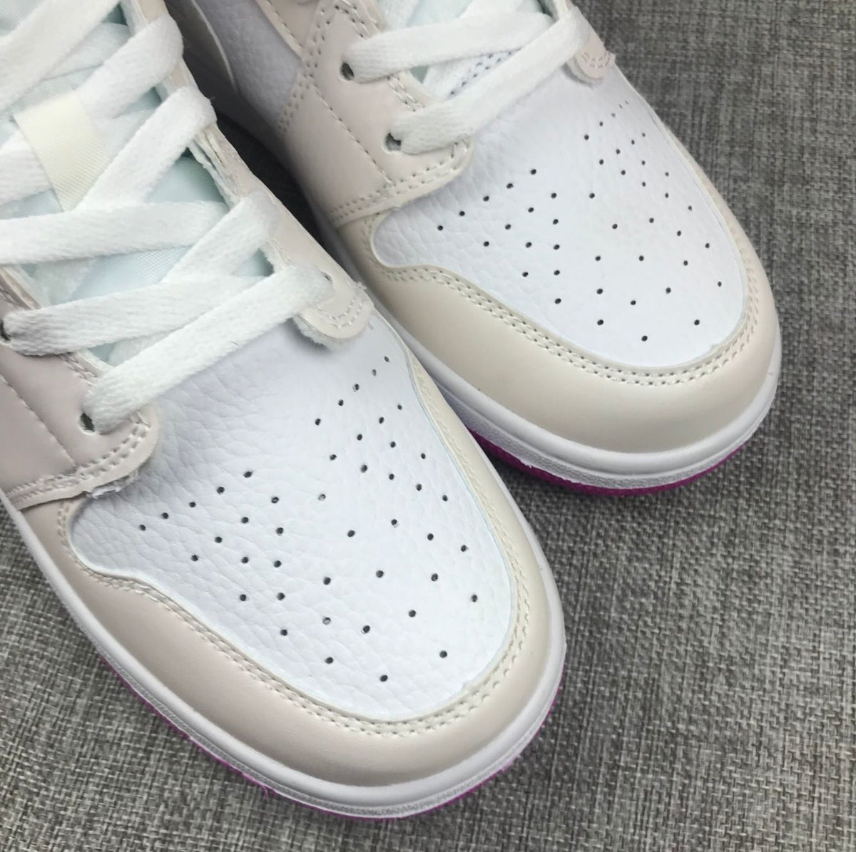 Jordan 1 Mid Grey White Fuchsia High-Cut Sneakers - product image from the listing.
