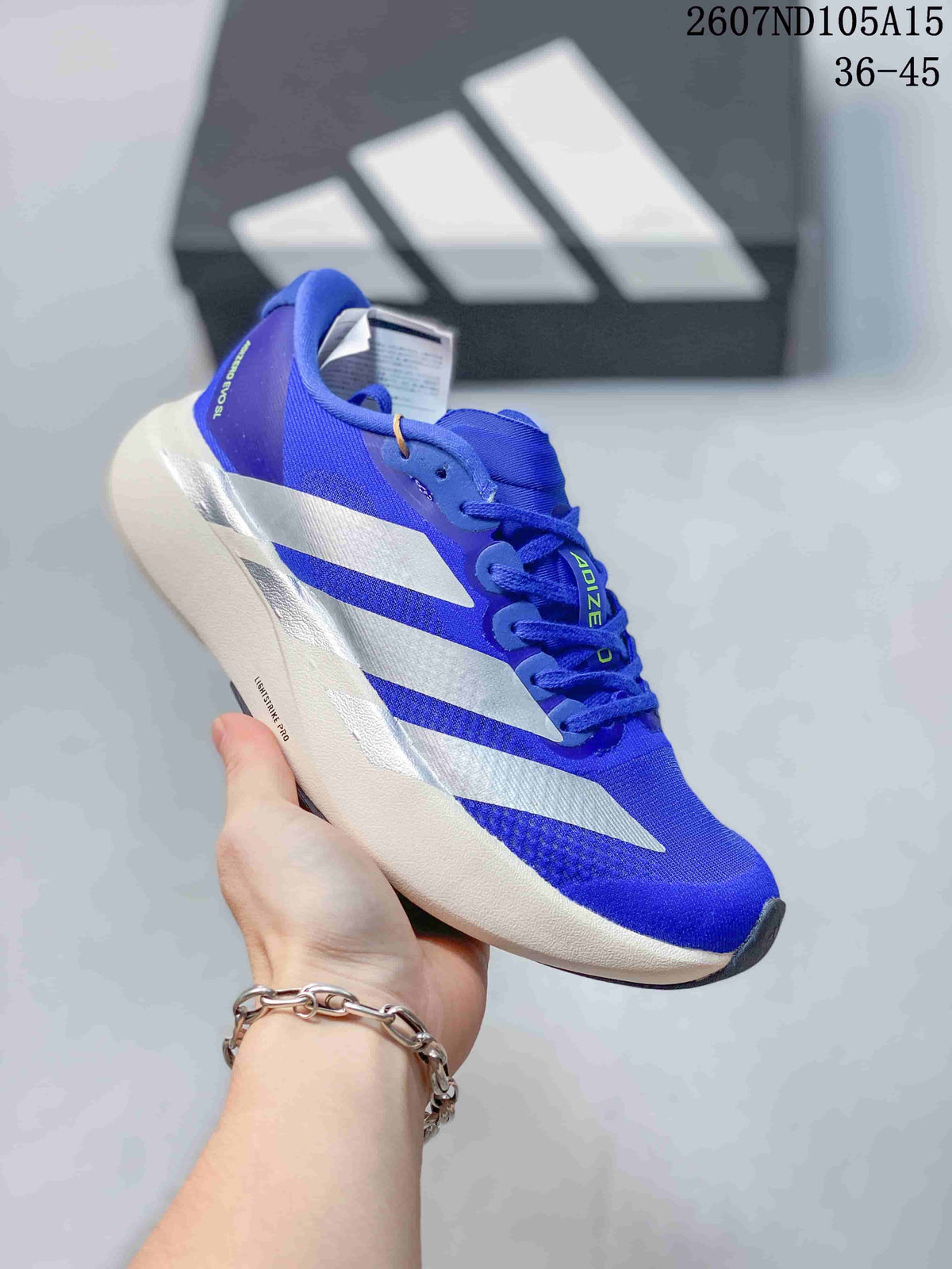 Adidas Adizero Evo SL Running Sneakers in Blue White 2607ND105A15 - product image from the listing.