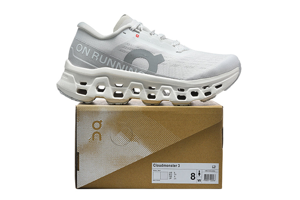 On Cloudmonster 3 Running Shoes, in Grey and White - product image from the listing.