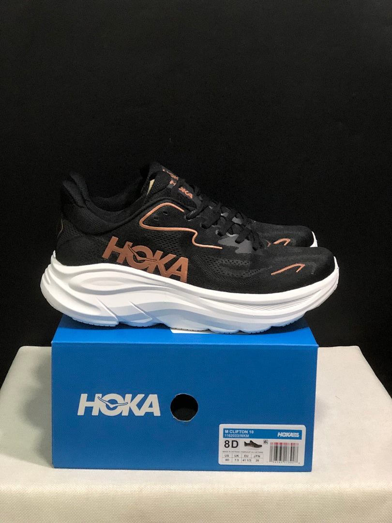 HOKA Clifton 10 Running Shoes, in Black and White - product image from the listing.