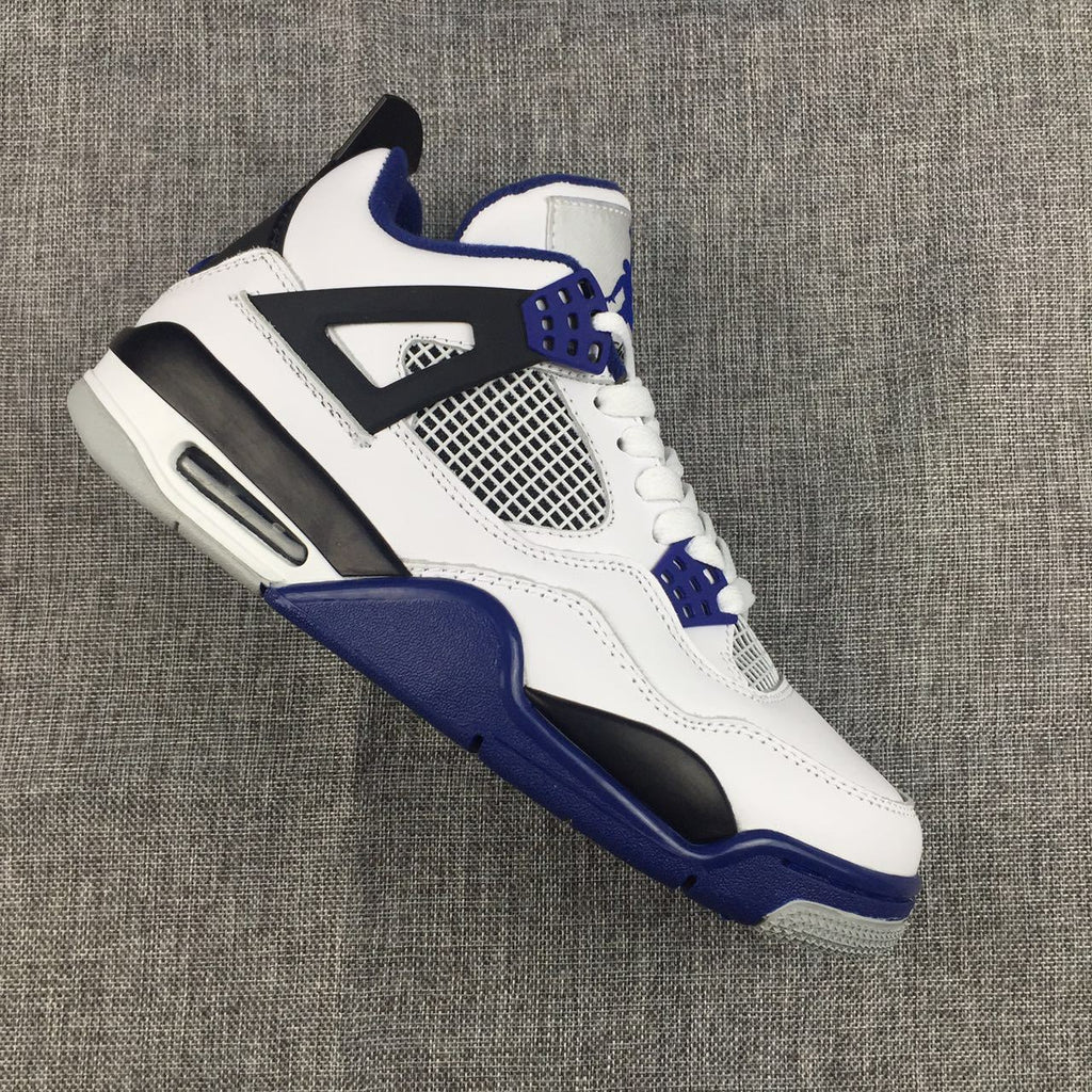 Air Jordan 4 Sneakers in White, Black and Blue - product image from the listing.