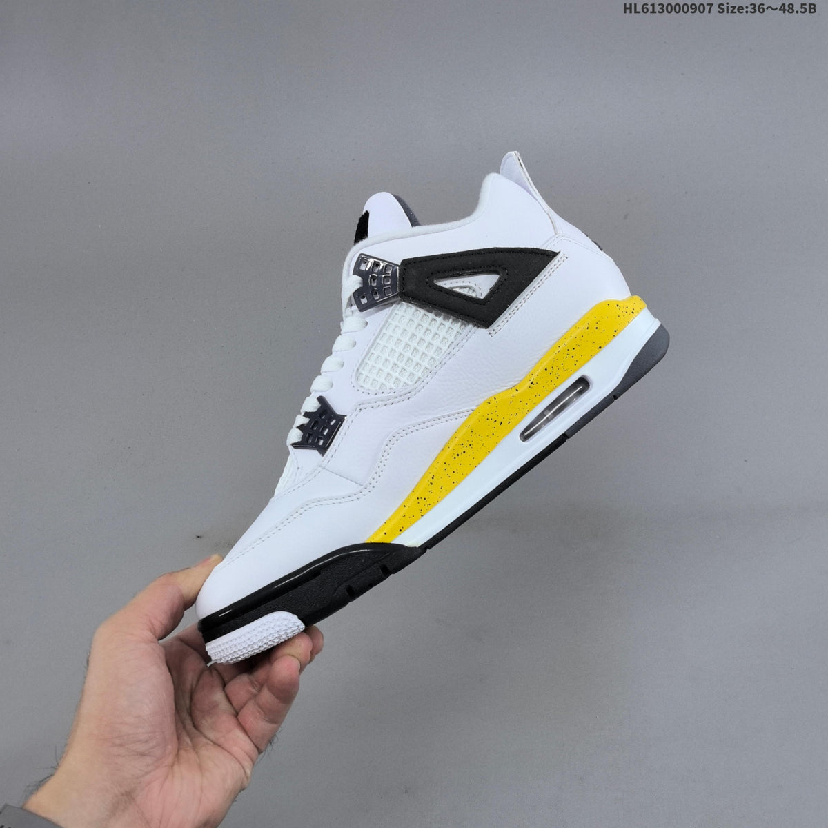 Air Jordan 4 Retro White Yellow Black Sneakers - product image from the listing.