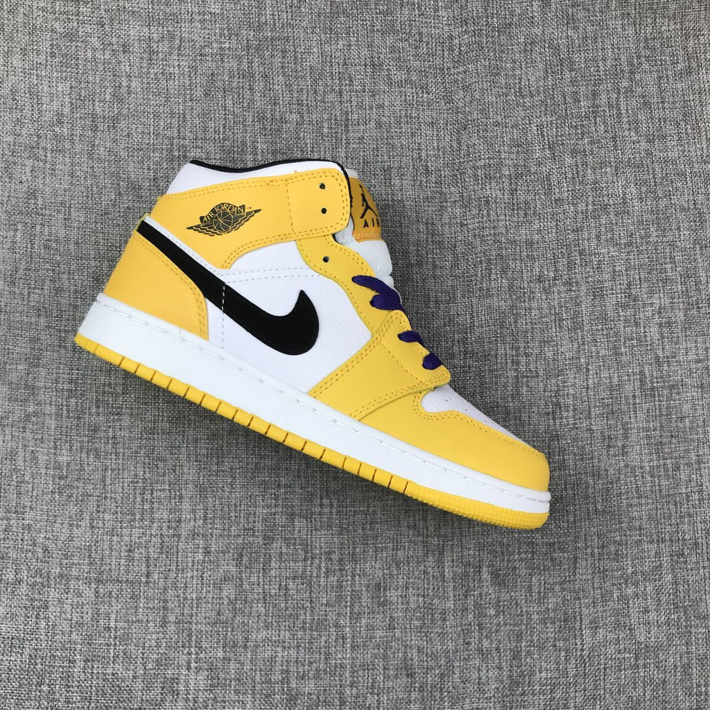 Air Jordan 1 Mid Lakers Sneakers in Yellow and Purple BQ6931-700 - product image from the listing.