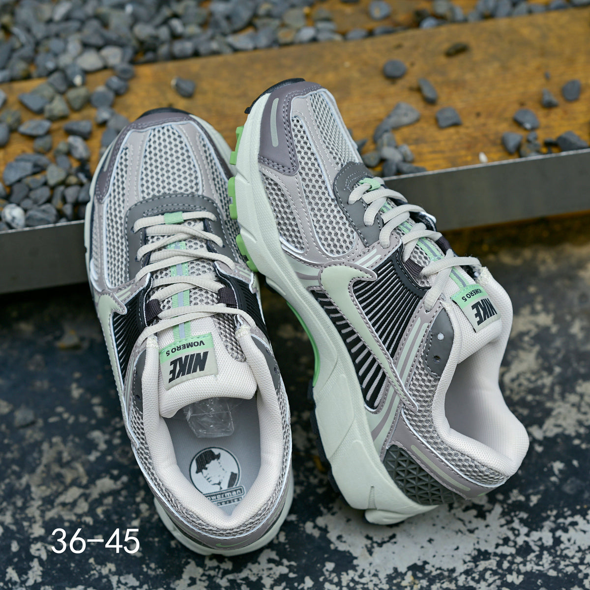 Gray and Volt Green Nike Air Zoom Vomero 5 Sneakers - product image from the listing.