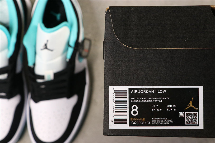 Jordan 1 Low White Island Sneakers in Green Black CQ9828-131 - product image from the listing.