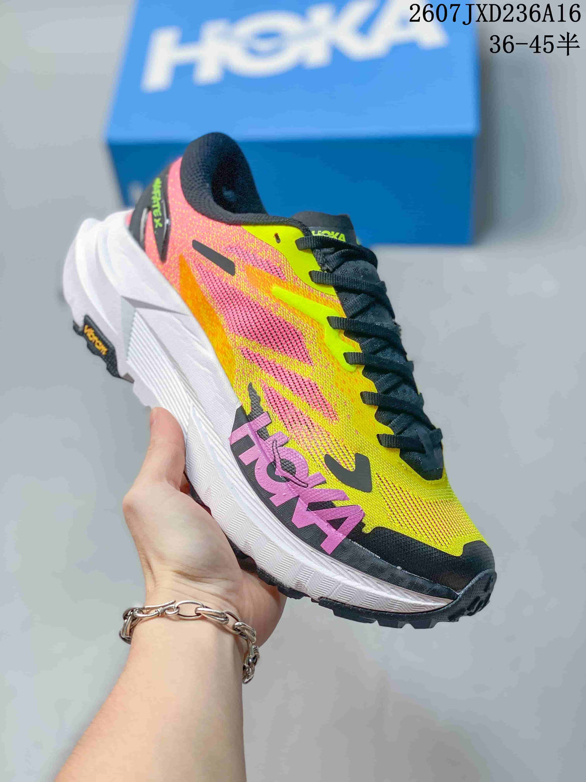Hoka MAFATE X Trail Running Shoes in Coral and Yellow - product image from the listing.