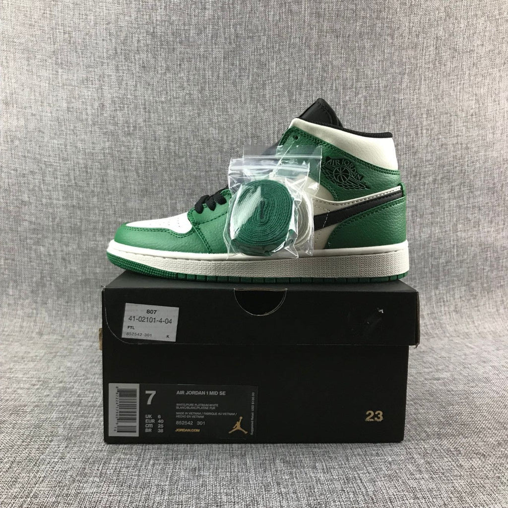 Air Jordan 1 Mid SE Sneakers in White Green Black - product image from the listing.
