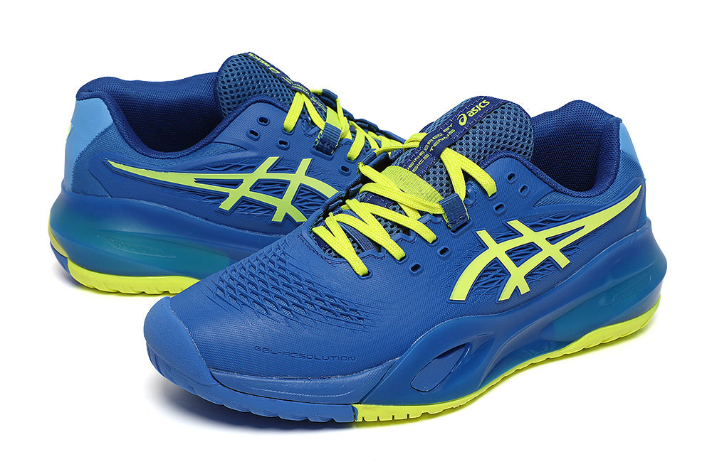 Blue and Lime ASICS GEL-RESOLUTION Tennis Shoes - product image from the listing.