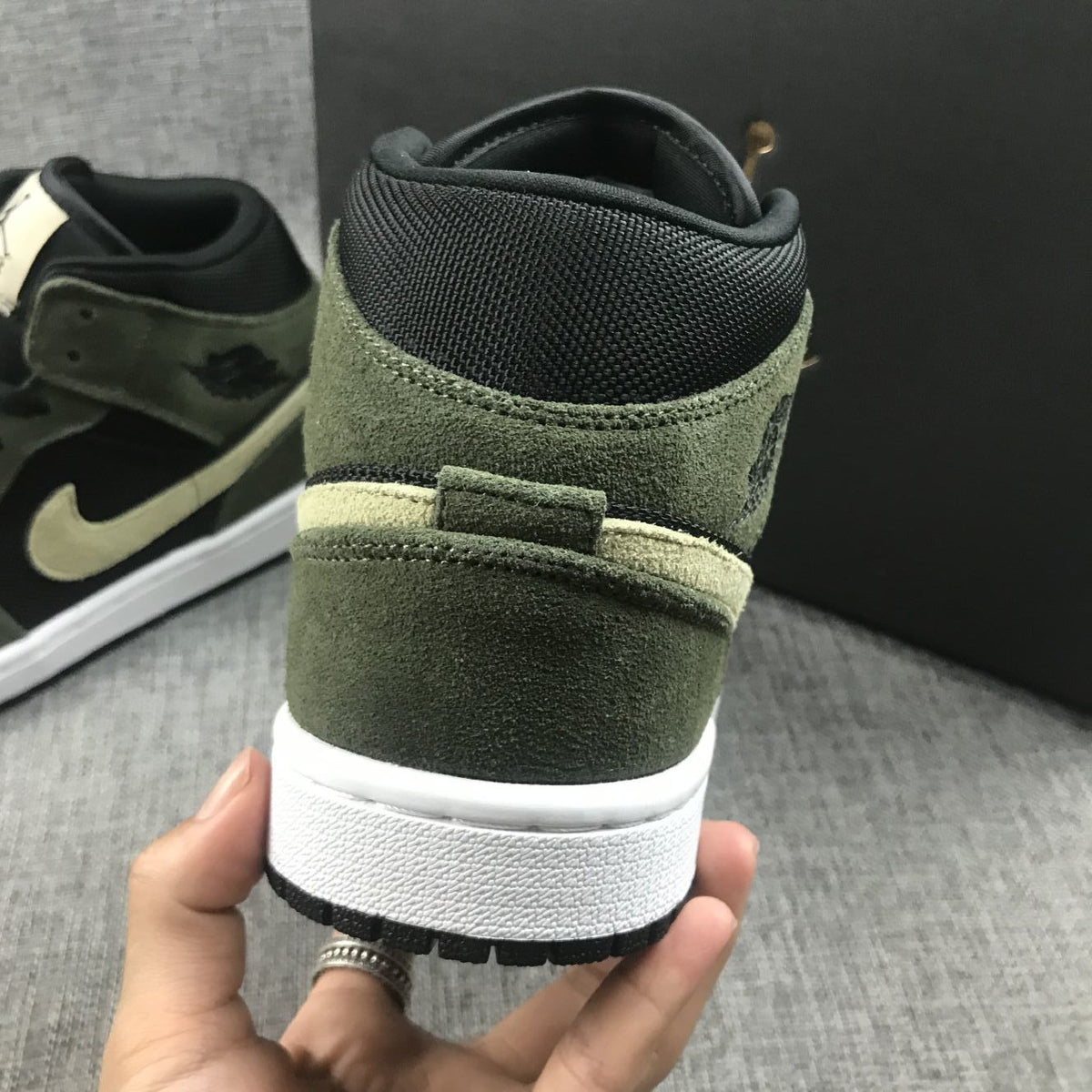 Air Jordan 1 Mid Sneakers in Olive Green BQ6472-030 - product image from the listing.
