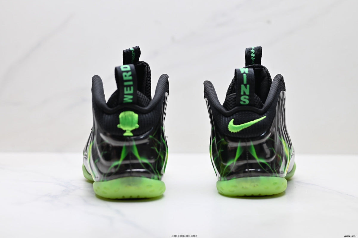 Nike Penny Hardaway Foamposite Sneakers, in Black and Volt Green - product image from the listing.
