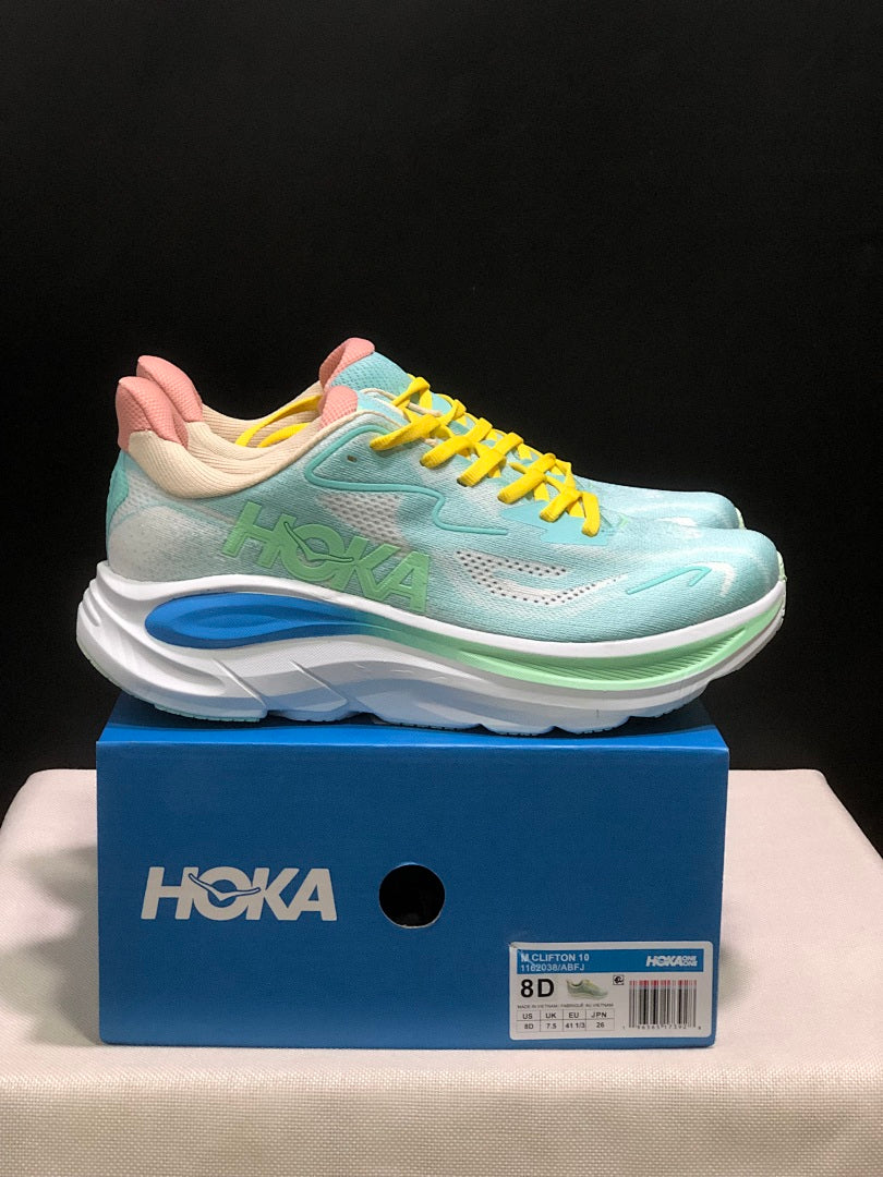 Aqua and Yellow HOKA Clifton 10 Running Shoes - product image from the listing.