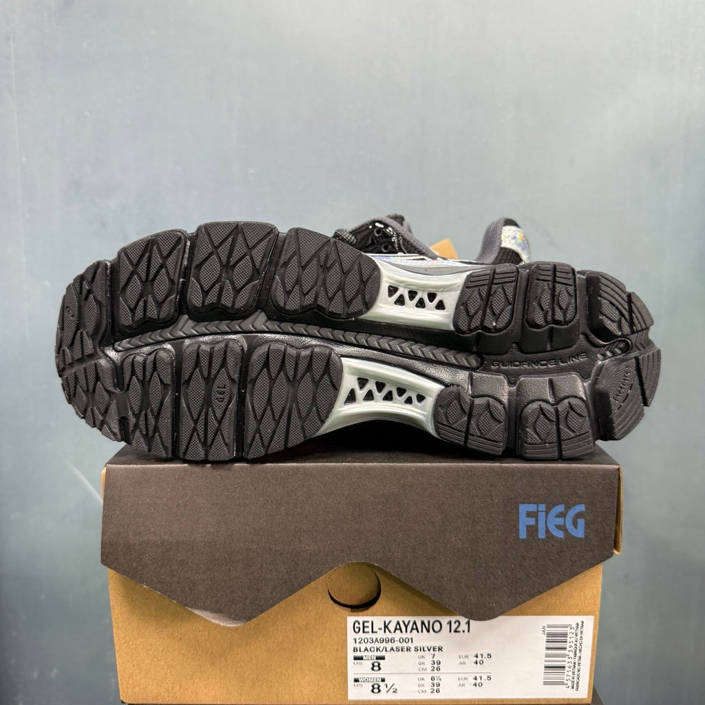 ASICS GEL-Kayano 12.1 Black Laser Sneakers in Silver - product image from the listing.