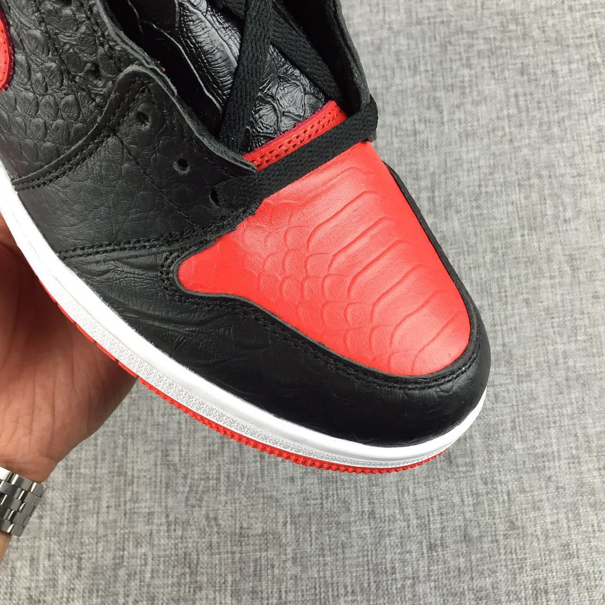 Black Red Scale-Textured Sneakers - Air Jordan 1 High - product image from the listing.