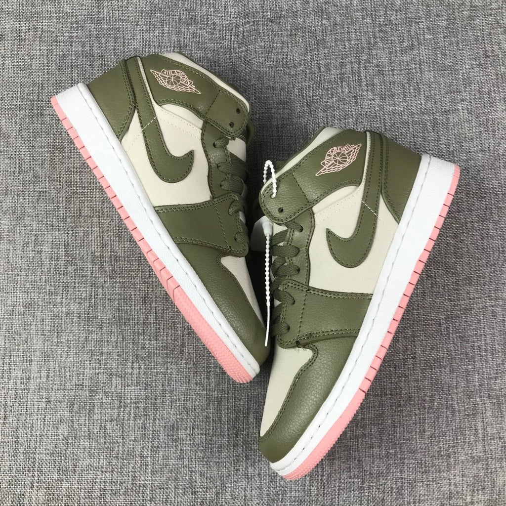 Olive Green and White Air Jordan 1 Mid GG Sneakers - product image from the listing.
