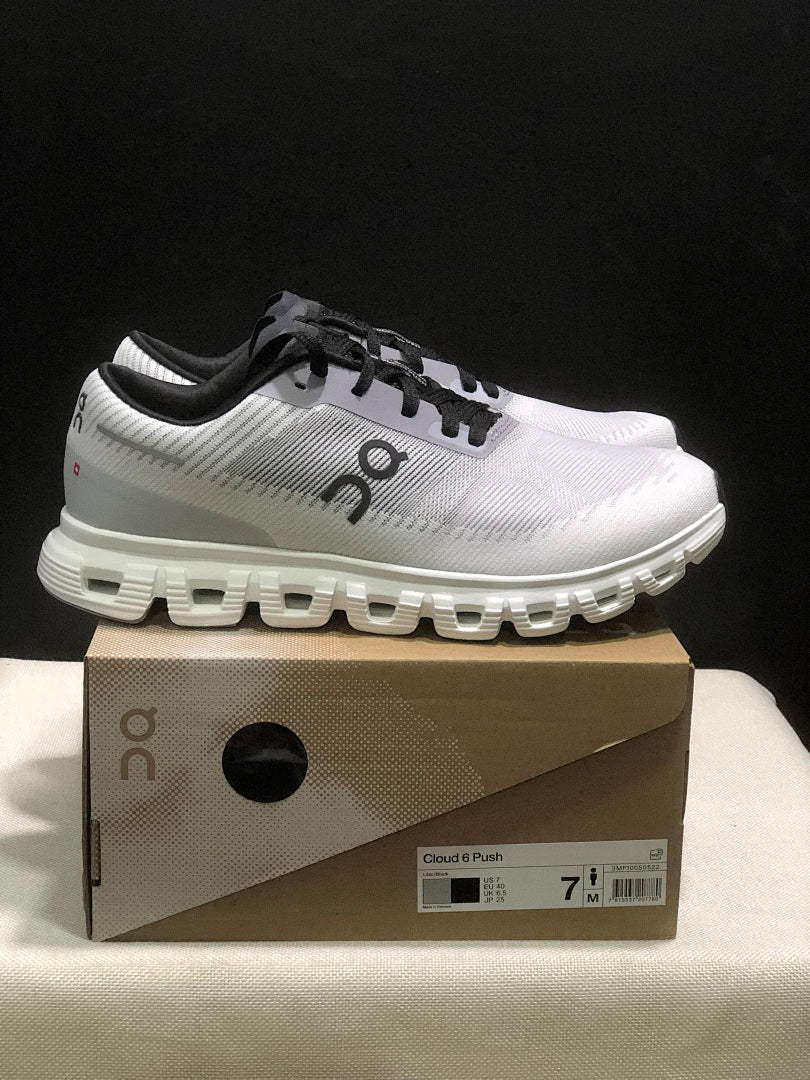 On Cloud 6 Push Sneakers in White Grey Black - product image from the listing.