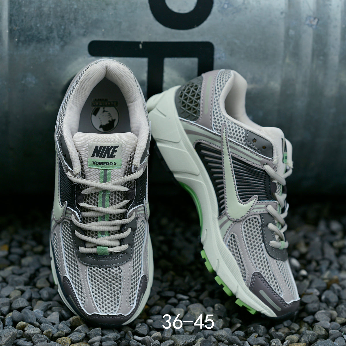 Gray and Volt Green Nike Air Zoom Vomero 5 Sneakers - product image from the listing.