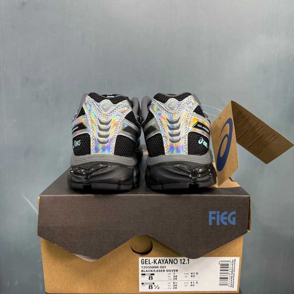 ASICS GEL-Kayano 12.1 Black Laser Sneakers in Silver - product image from the listing.
