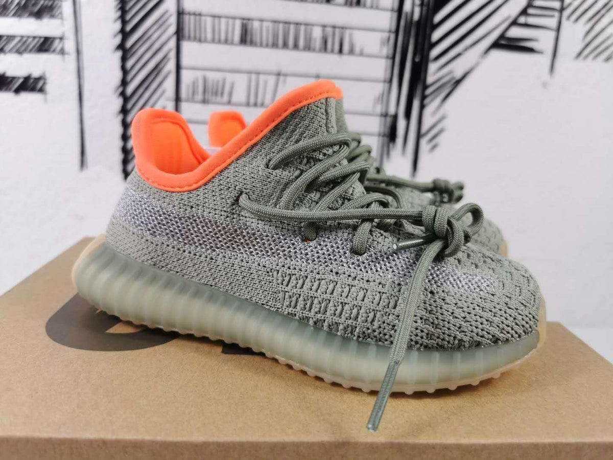Grey and Orange Yeezy 350 V2 Kids Sneakers - product image from the listing.