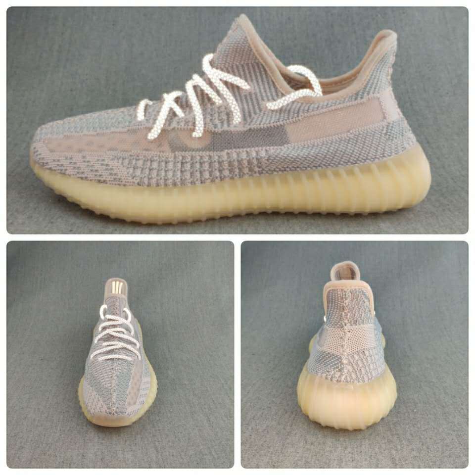 Gray and Cream Yeezy 350 V2 Knit Sneakers - product image from the listing.