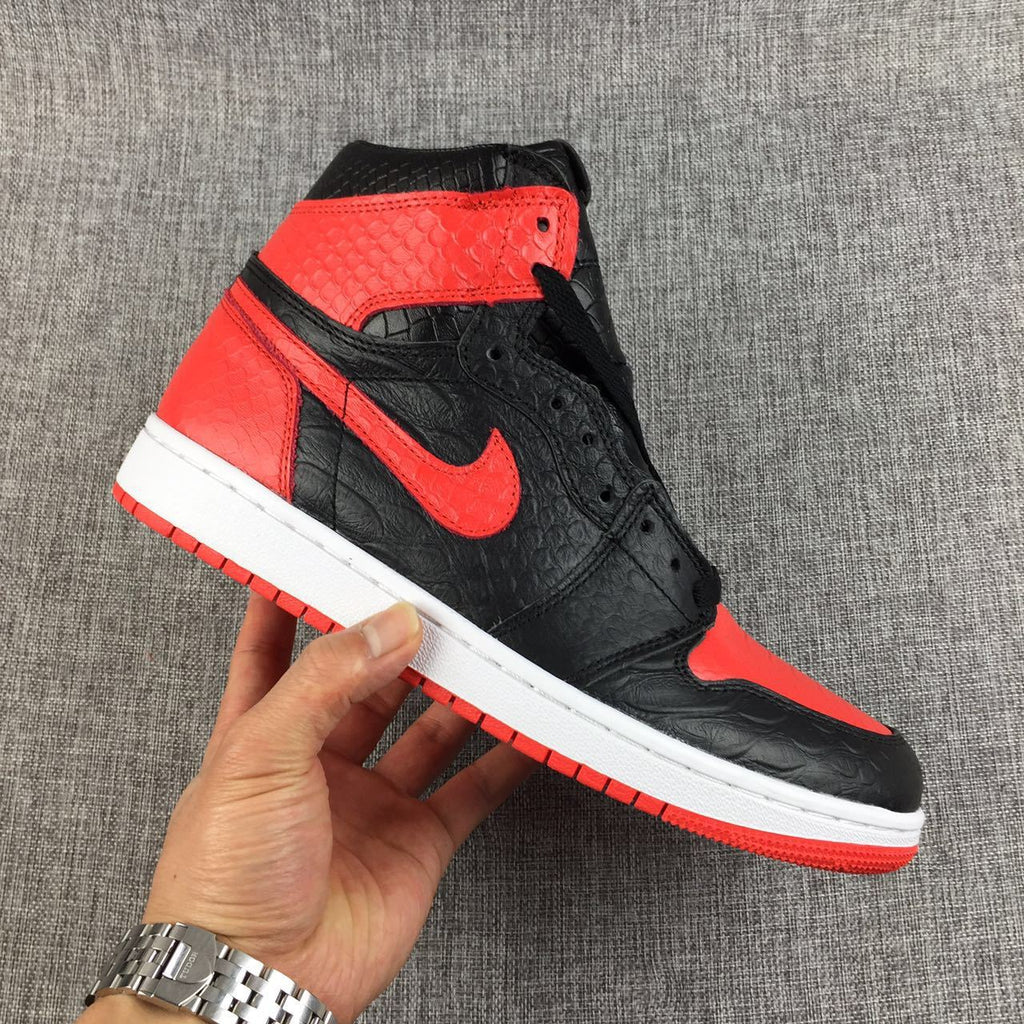 Black Red Scale-Textured Sneakers - Air Jordan 1 High - product image from the listing.