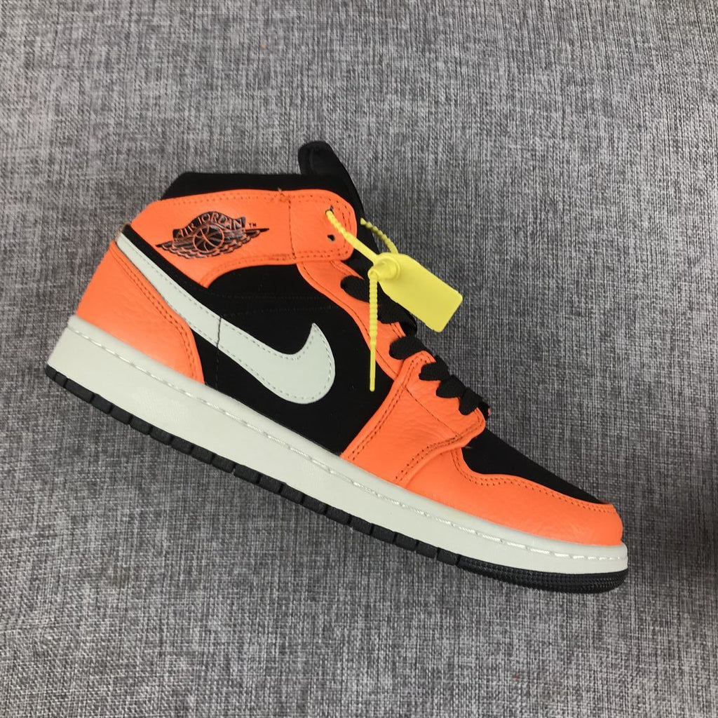 Air Jordan 1 Mid Shattered Backboard Sneakers, in Black and Orange - product image from the listing.