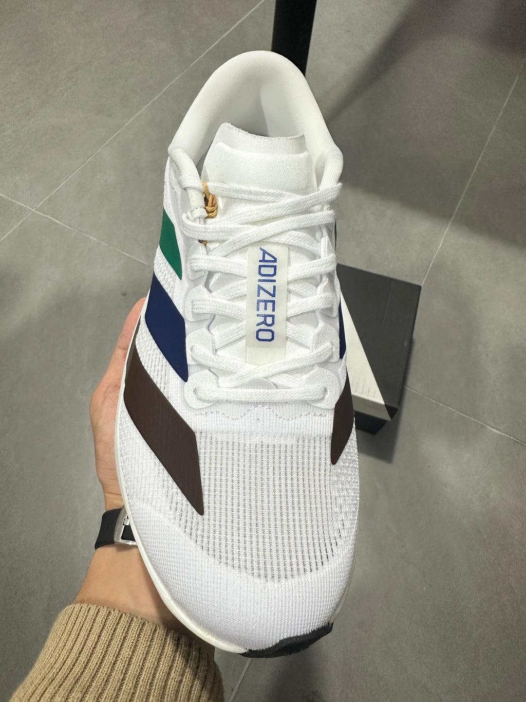 adidas Adizero Lightstrike Pro Running Shoes in White Green Navy - product image from the listing.