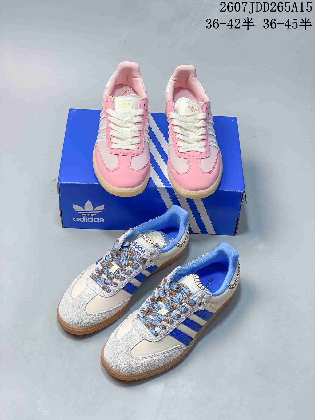 adidas Samba Leather Low-Top Sneakers in White/Blue and in Pink - product image from the listing.
