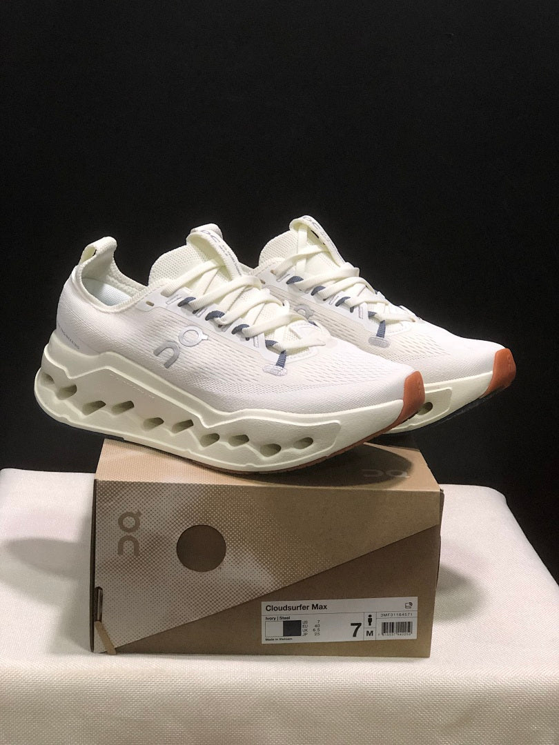 On Cloudsurfer Max Ivory Steel Running Shoes in Grey - product image from the listing.