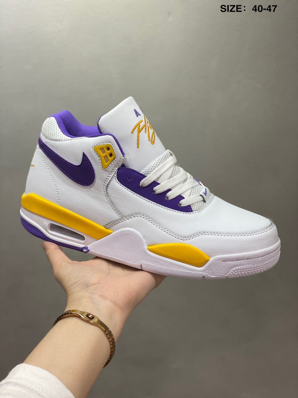 Nike Air Flight 89 High-Top Sneakers in White Purple Yellow - product image from the listing.
