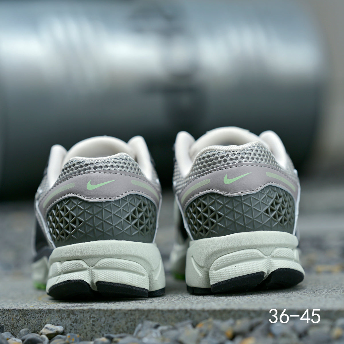 Gray and Volt Green Nike Air Zoom Vomero 5 Sneakers - product image from the listing.