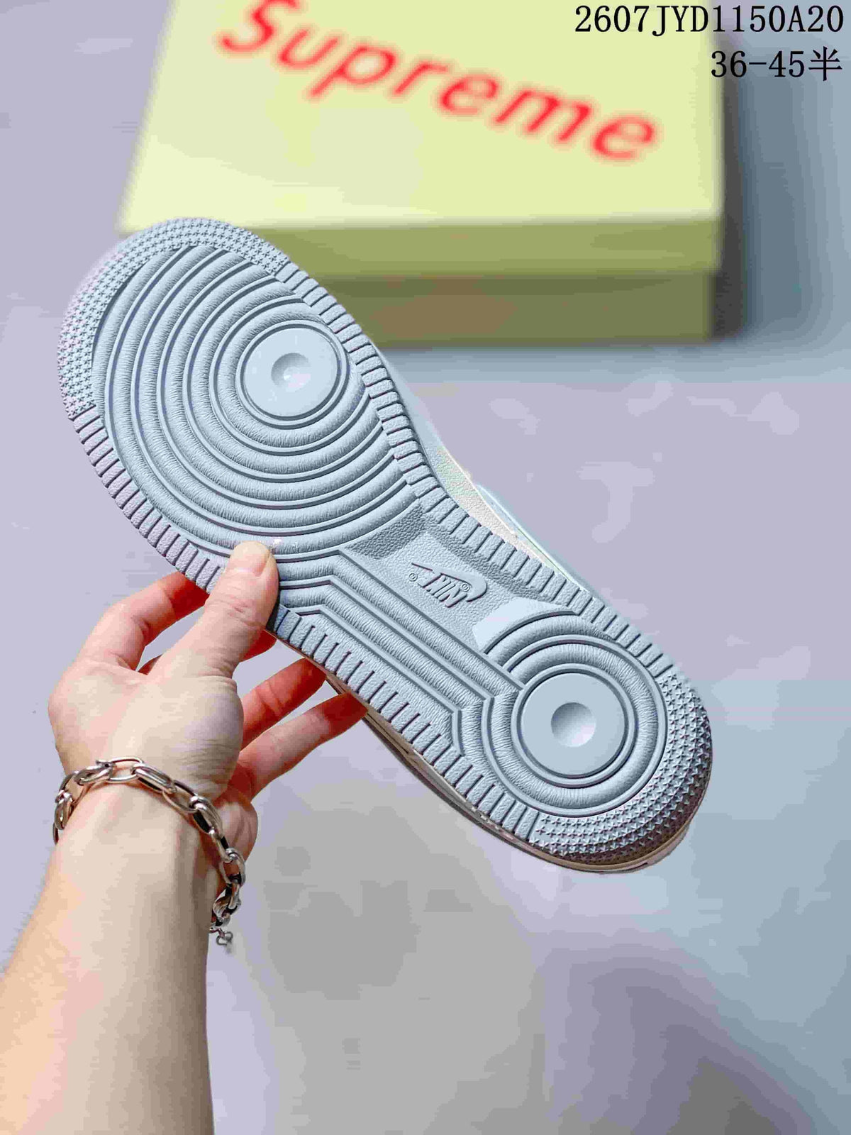 Nike Air Force 1 '07 Low White Grey Supreme Logo Trainers - product image from the listing.