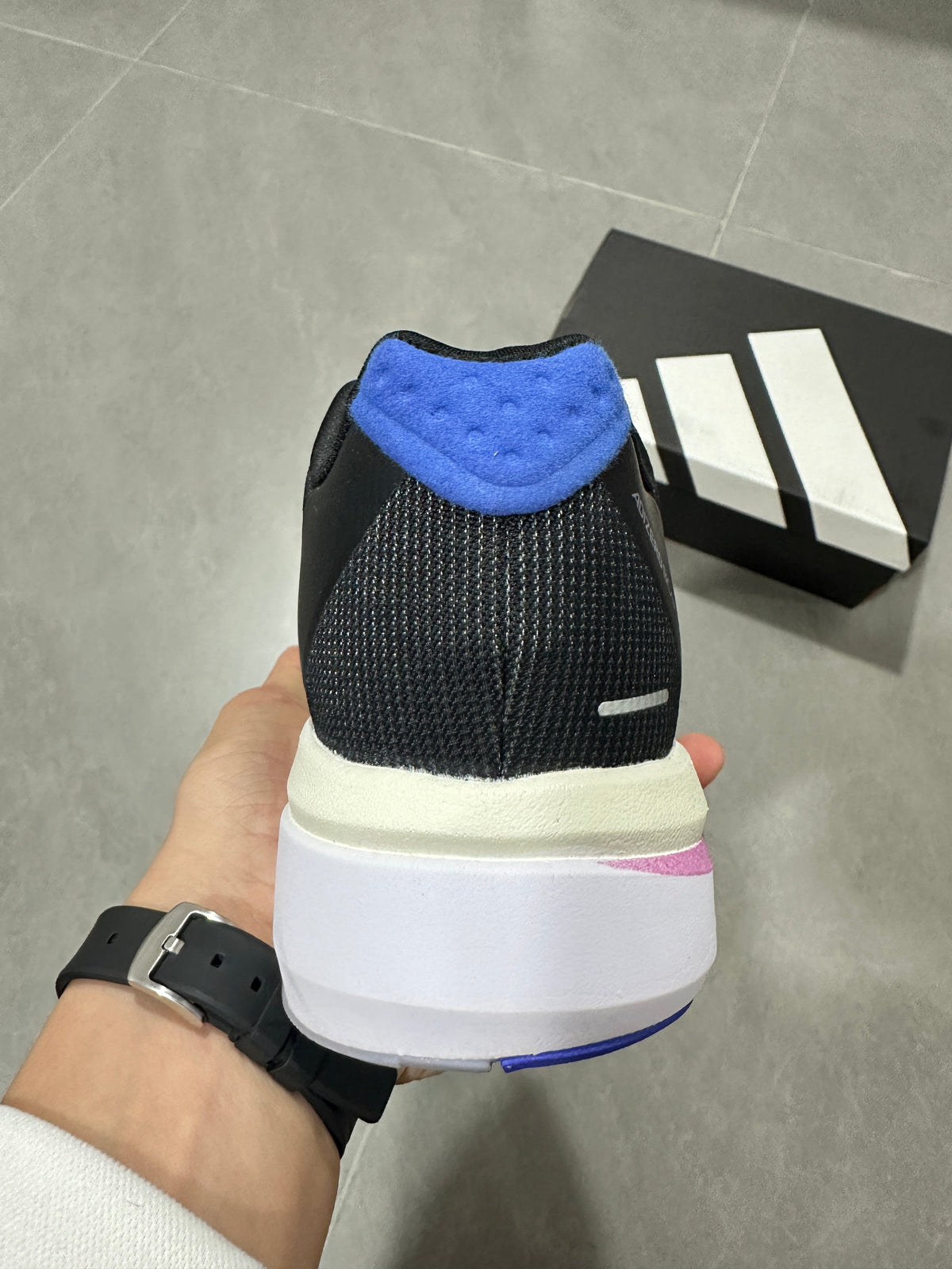 adidas Adizero Boston 13 Running Shoes in Black White Purple - product image from the listing.