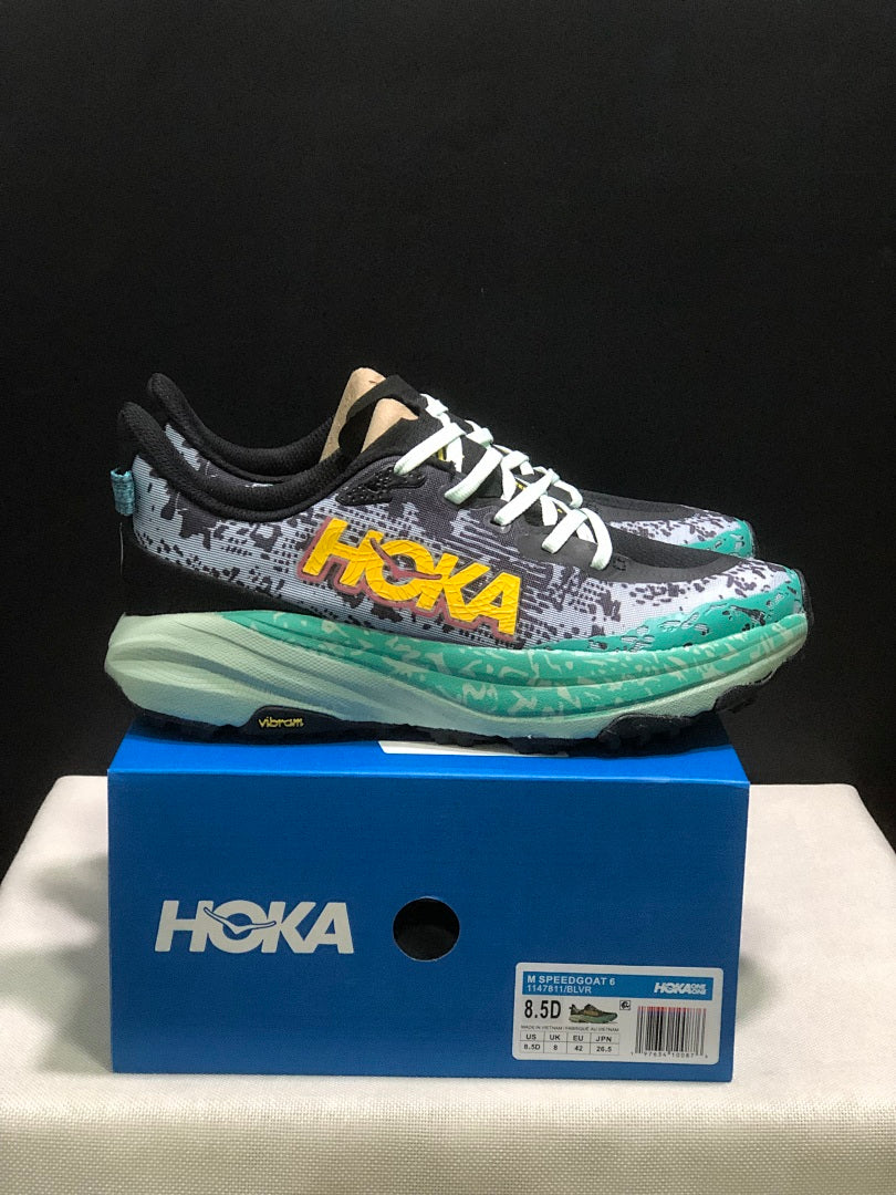HOKA Speedgoat 6 Trail Running Shoes, in Gray and Teal - product image from the listing.