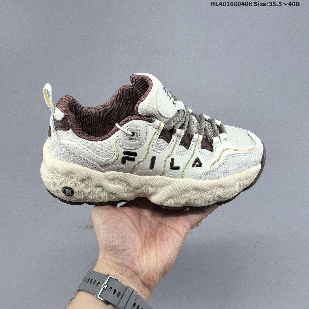 Cream and Brown FILA Chunky Sneakers - product image from the listing.