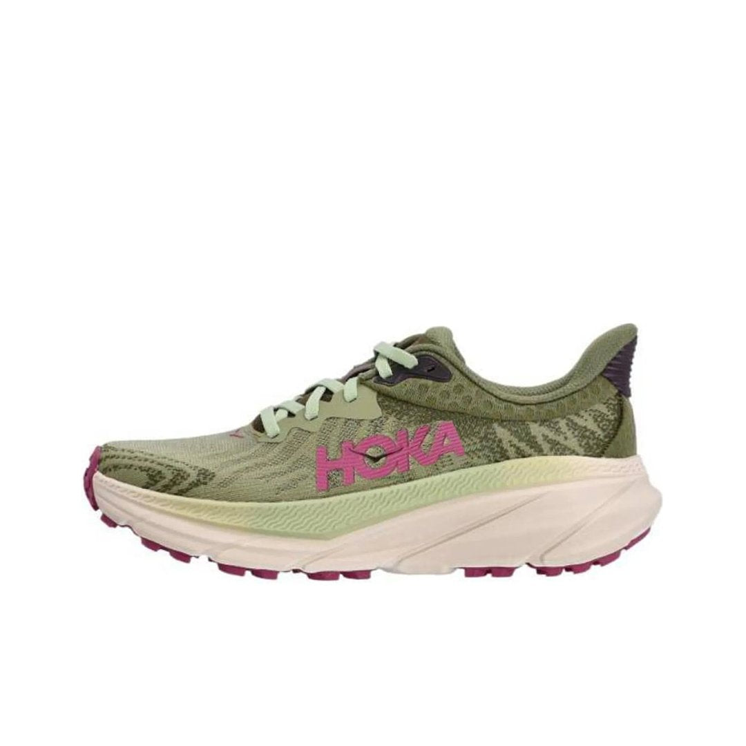 Olive Green and Pink HOKA Trail Running Shoes - product image from the listing.