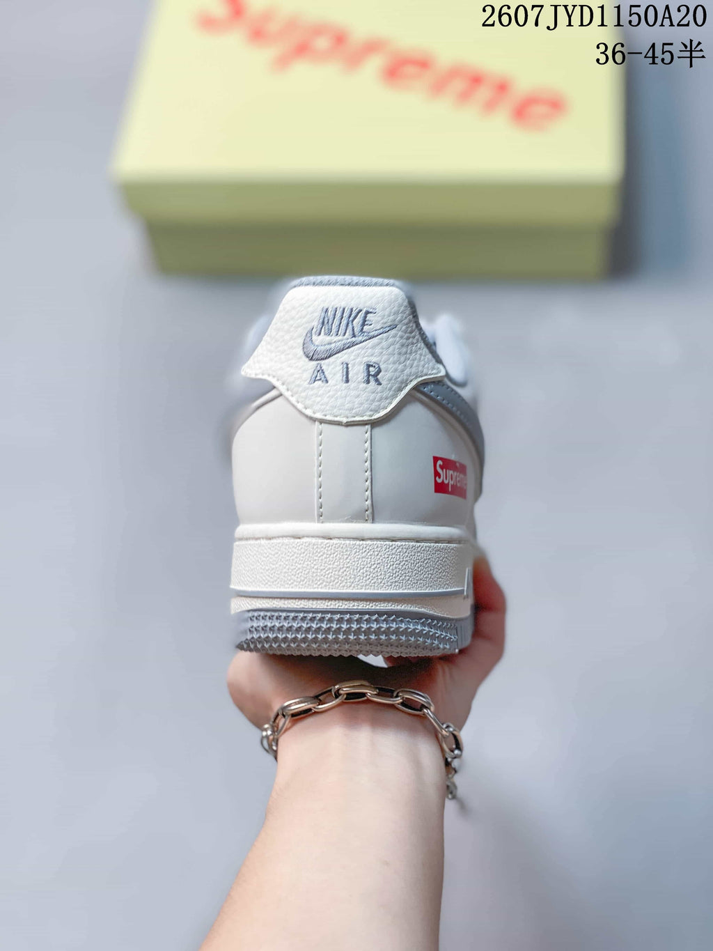 Nike Air Force 1 '07 Low White Grey Supreme Logo Trainers - product image from the listing.