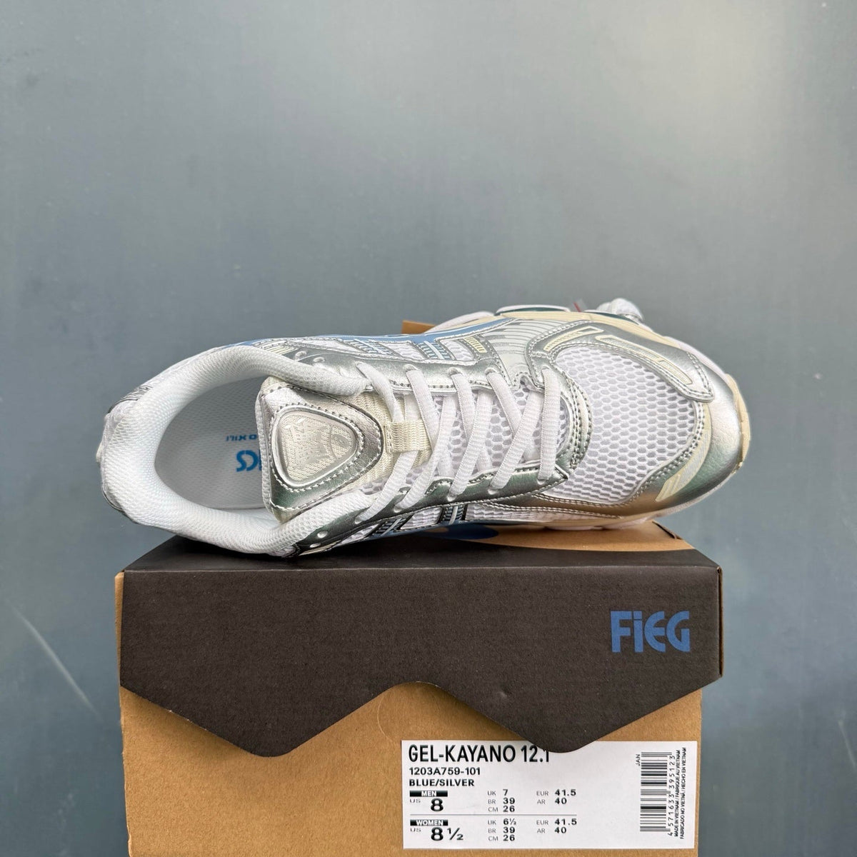 ASICS GEL-KAYANO 12.1 Running Sneakers in Blue Silver - product image from the listing.