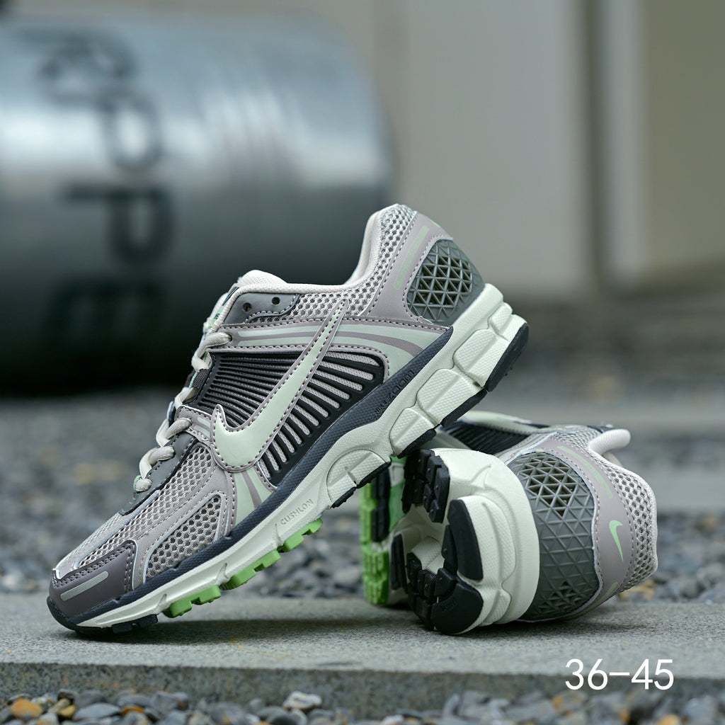 Gray and Volt Green Nike Air Zoom Vomero 5 Sneakers - product image from the listing.