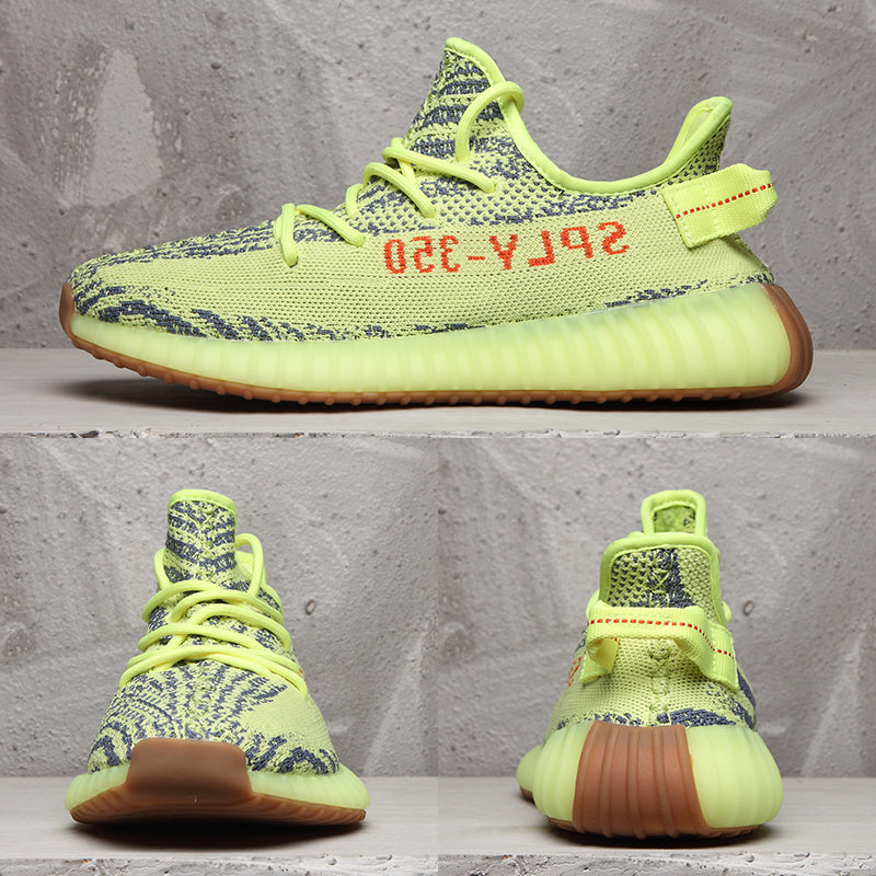 Lime Green and Brown Yeezy Boost 350 V2 Sneakers - product image from the listing.