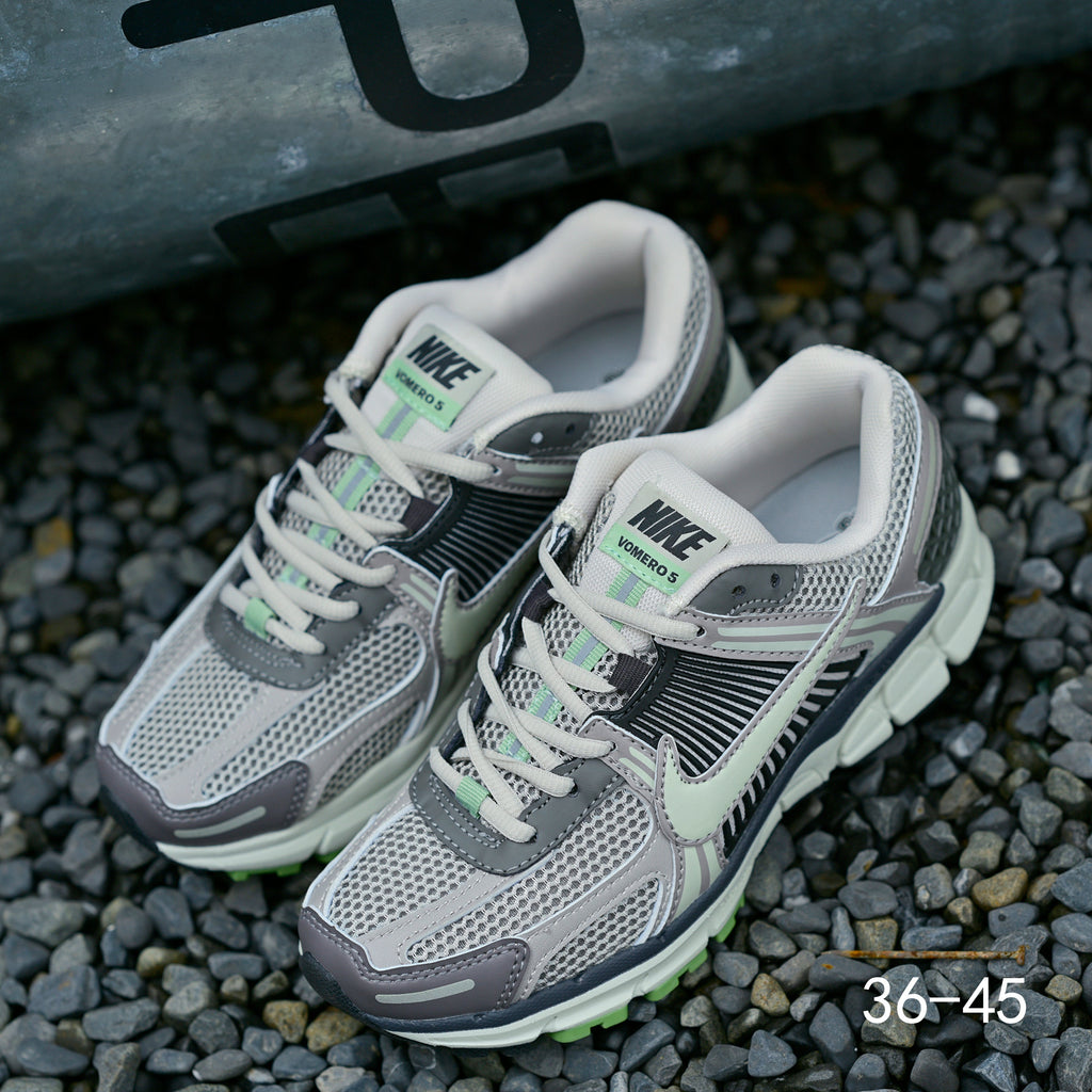 Gray and Volt Green Nike Air Zoom Vomero 5 Sneakers - product image from the listing.