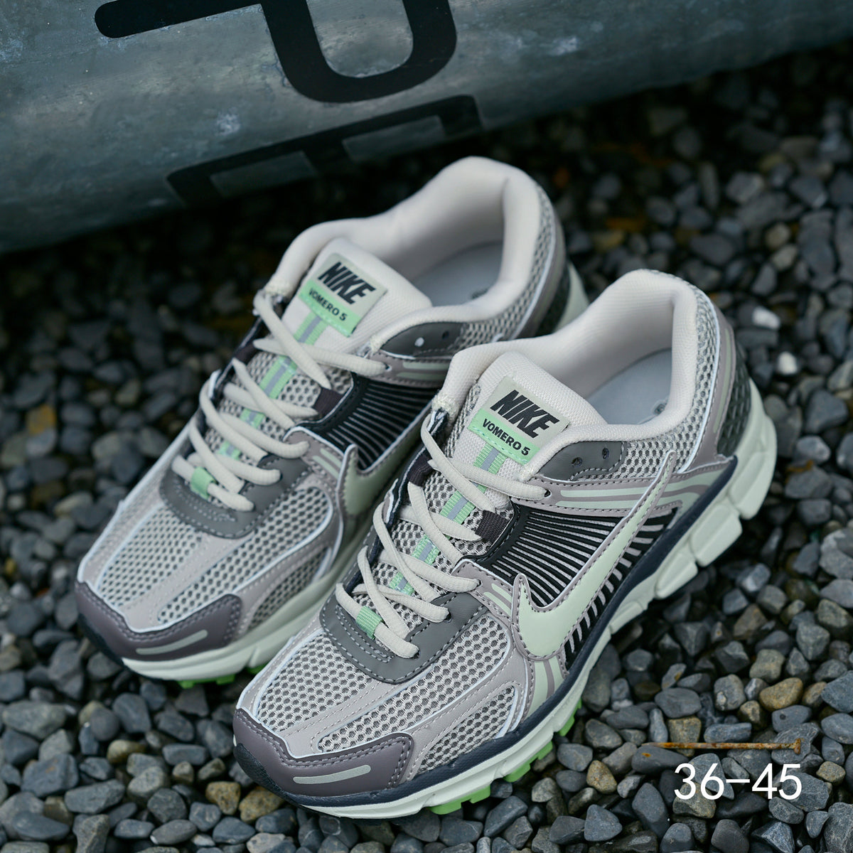 Gray and Volt Green Nike Air Zoom Vomero 5 Sneakers - product image from the listing.