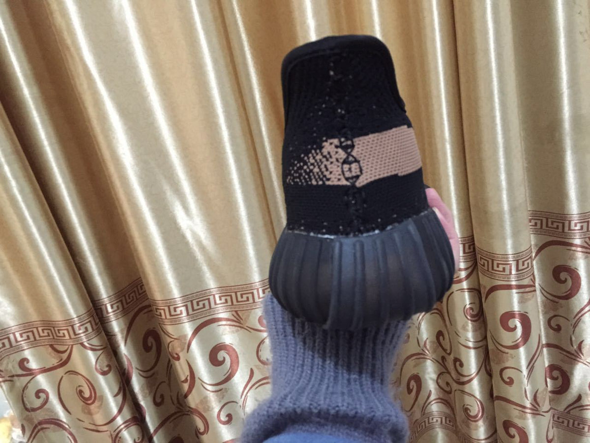 Black and Beige Yeezy 350 V2 Knit Sneakers - product image from the listing.