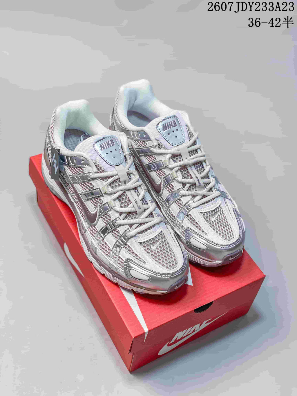 Nike P-6000 Premium Sneakers in White Silver Red 2607JDY233A23 - product image from the listing.